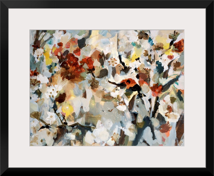 Abstract painting of various types of flowers that are bunched together and uses soft colors.