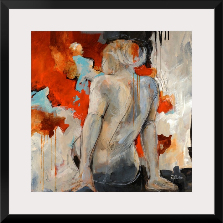 Figurative art work of a female nude from behind and abstract background. This square wall art would look great in a priva...