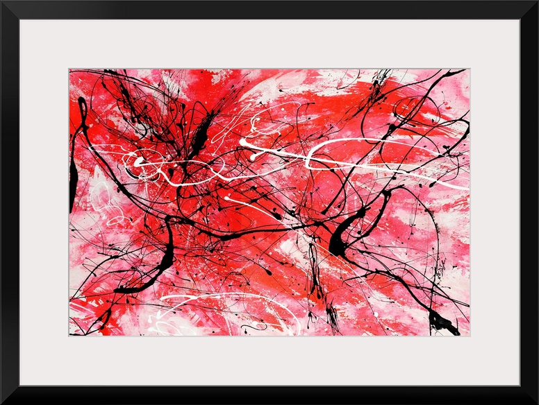 Energetic contemporary painting of energetic red brushstrokes and sporadic black and white lines in a style inspired by th...