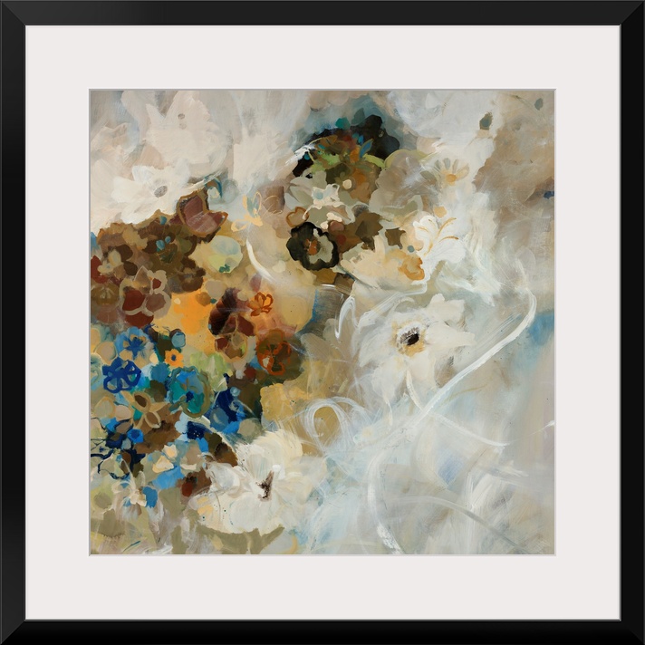 Large painting of assorted flower blossoms in mostly neutral tones with a rough texture.