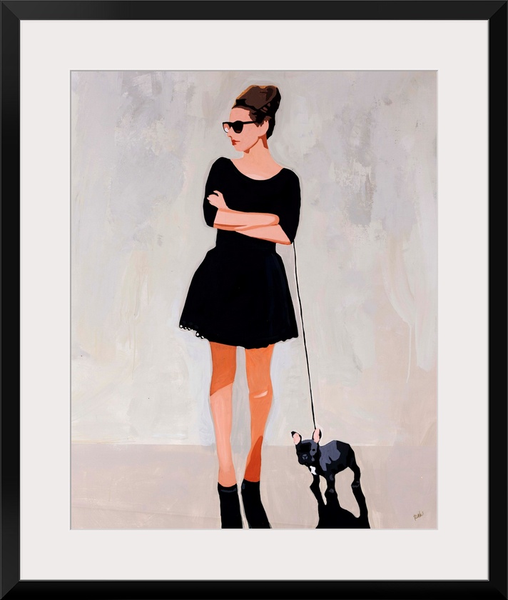 Contemporary portrait of a fashionable woman walking her French bulldog in front of a neutral background.