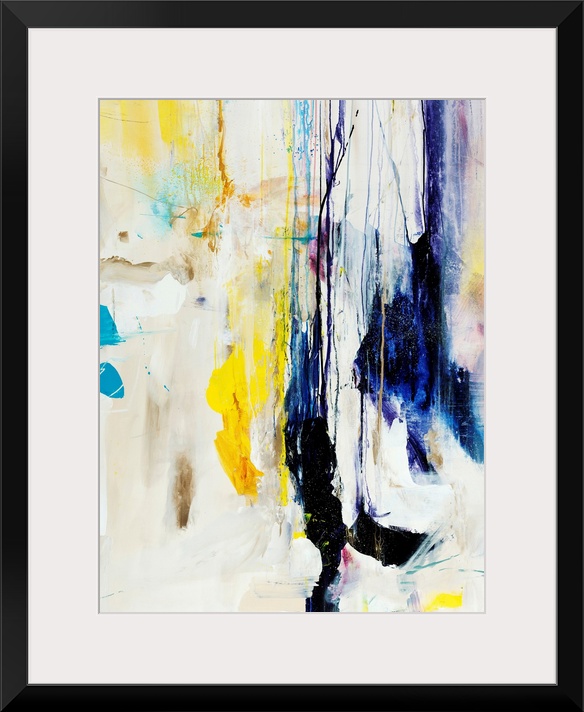 Abstract painting of multicolored patches and shapes that appear to be dripping downward from the top of the image, on a l...