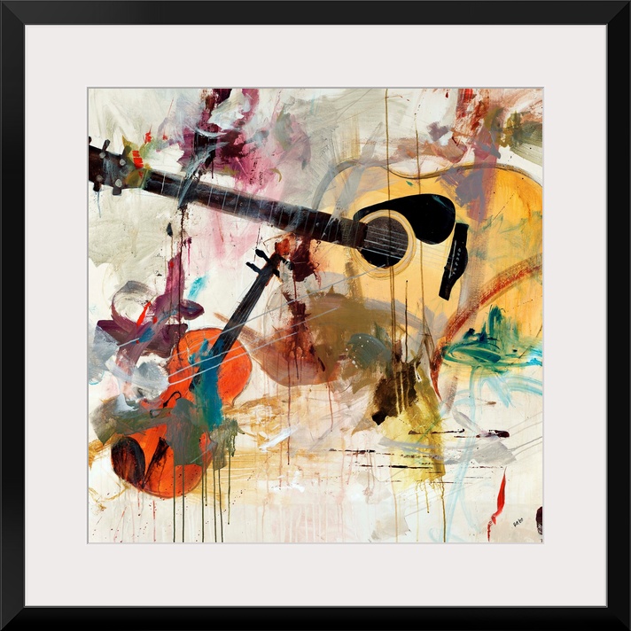 Contemporary artwork of instruments with splashes of color painted over them.