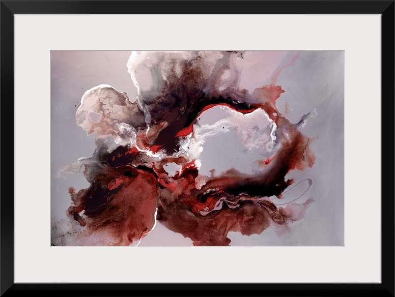 Horizontal abstract wall art of bleeding wet paint forming amorphous wet shapes.