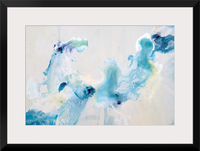 Contemporary art of swirling cool tones that resemble dye dropped in water, on a light, neutral background.