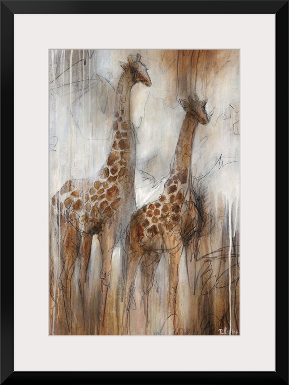 Illustrative painting of two giraffes done in varying shades of grayish-brown.