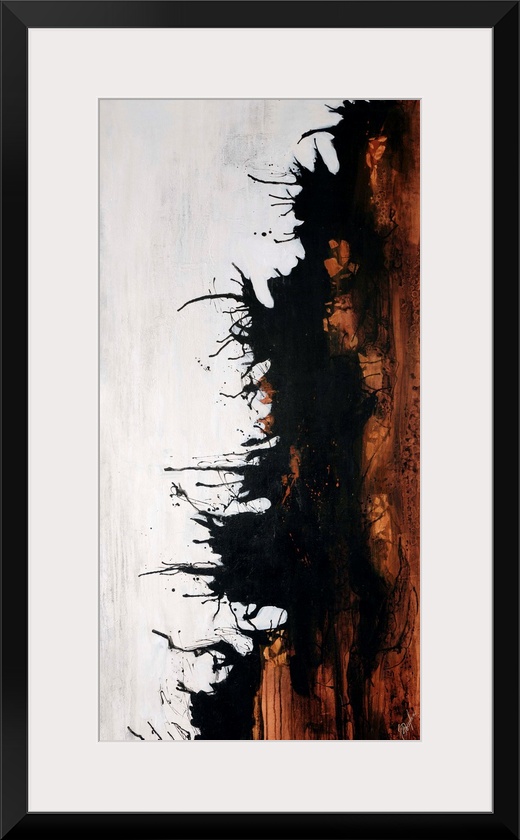 Vertical abstract painting of earth toned brushstrokes on the right with curved lines on the outside edges.