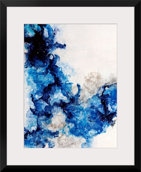Abstract painting of a mixture of varying blue tones swirling around against a neutral background.