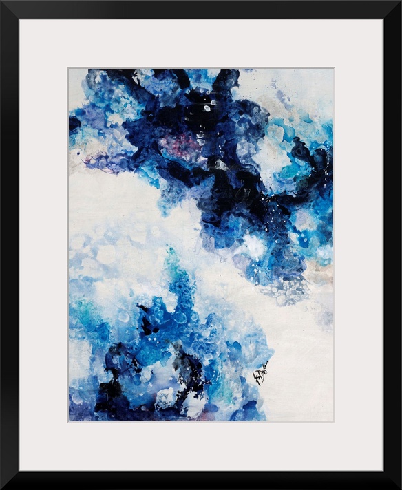 Abstract painting of a mixture of varying blue tones swirling around against a neutral background.