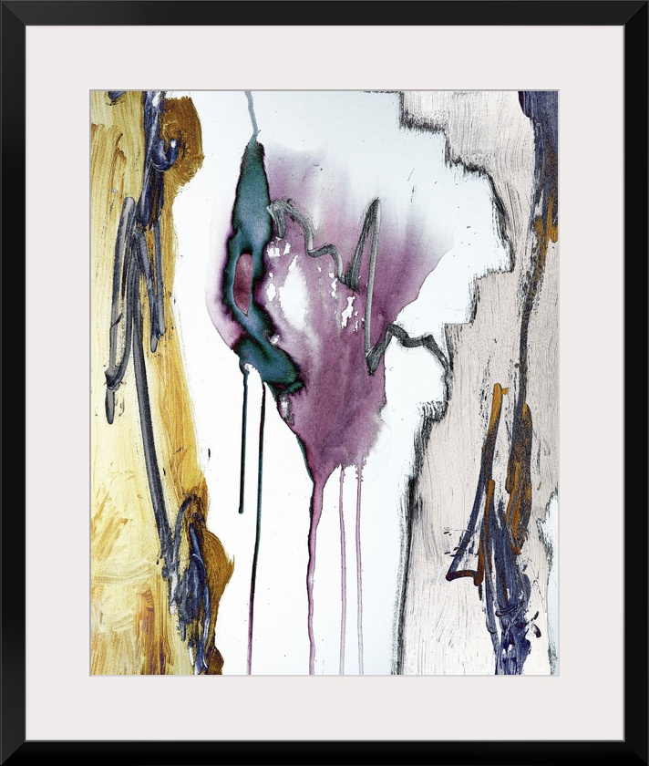 Abstract painting in textured colors of yellow, purple and gray with outlines of black and vertical drips of paint.