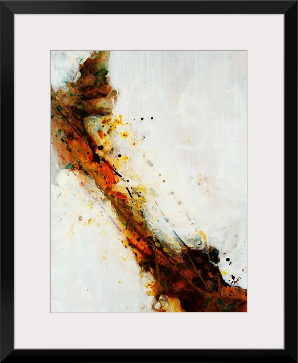 Abstract painting of dark brown, orange and yelllow brushstrokes and paint splatters dividing the composition of the artwo...