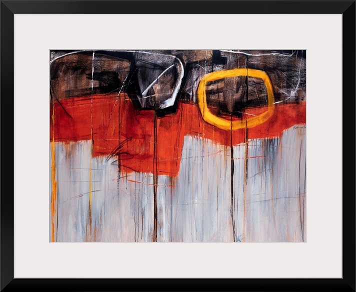 Giant abstract art incorporates three oddly shaped patches of distressed earth tones sitting on top of each other. Artist ...