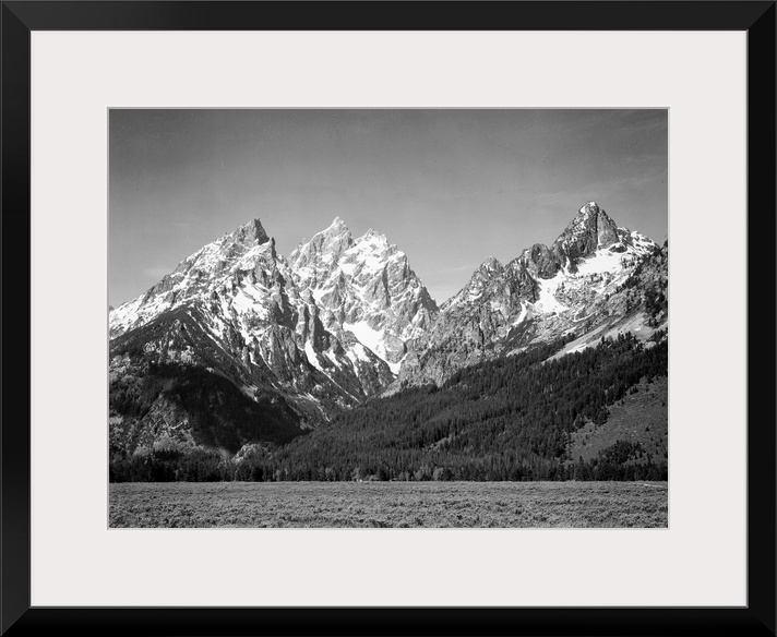 Grand Teton, grassy valley, tree covered mountain side and snow covered peaks.