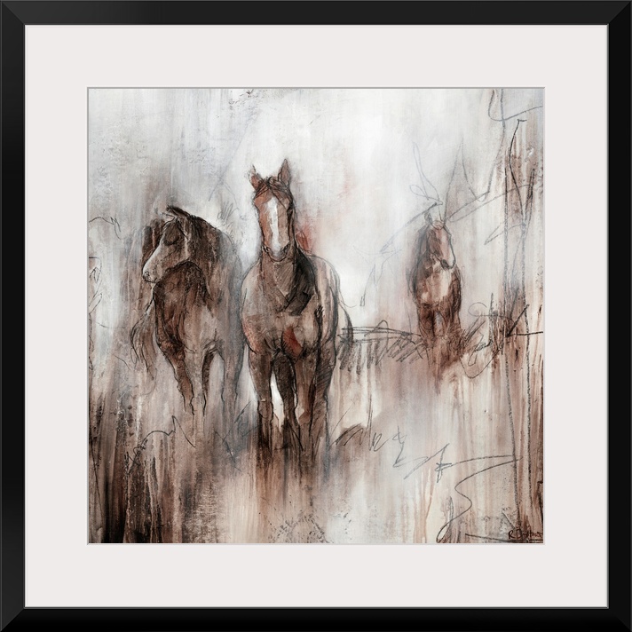 Artwork of three horses grazing together in a field of brown on an early foggy morning.