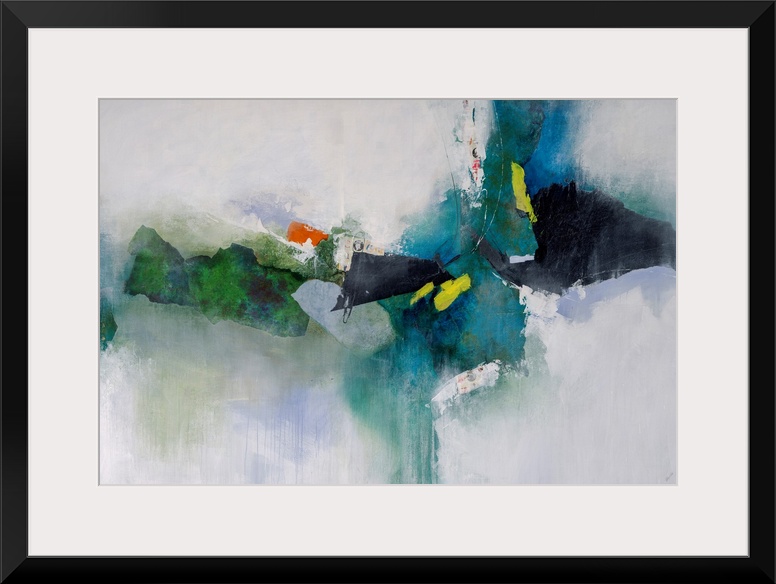 Abstract art of a cluster of dark shapes grouped horizontally with softened edges as their color fades outward onto a ligh...