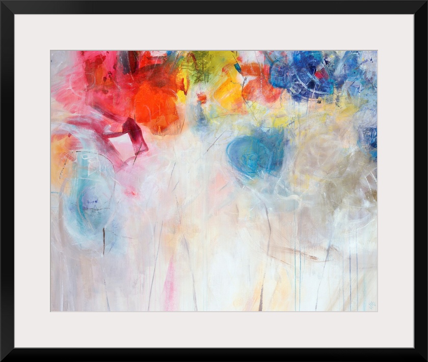 Contemporary abstract painting of bright multi-colored forms overtop a neutral background.