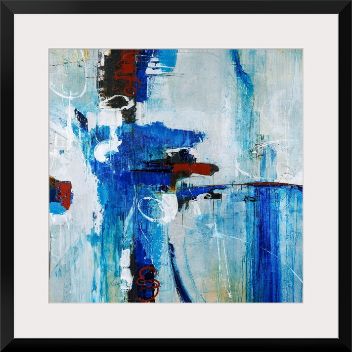 Abstract painting of bright blue brustrokes against a gray-blue background.