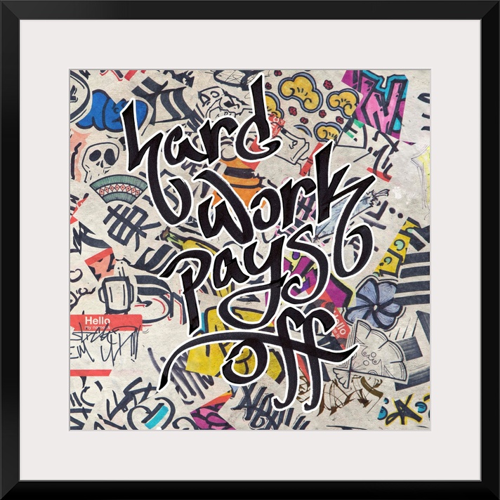 Graffiti-style lettering over a grunge background of pop stickers and symbols.