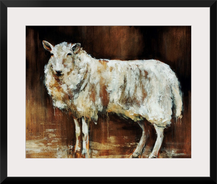 Contemporary artwork of a sheep that uses different neutral shades to give it dimension.