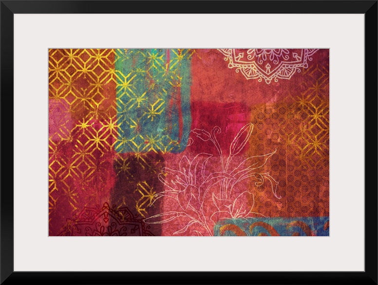 A Bohemian-style abstract collage incorporating floral elements, mandalas, and Moroccan tile patterns.