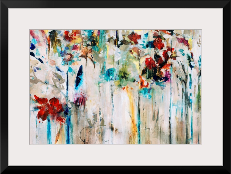 Abstracted painting of flowers done in brilliant colors set against a neutral background.