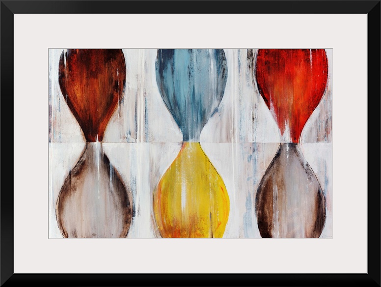 Various hourglass shapes done in contrasting colors on top of a neutral background.
