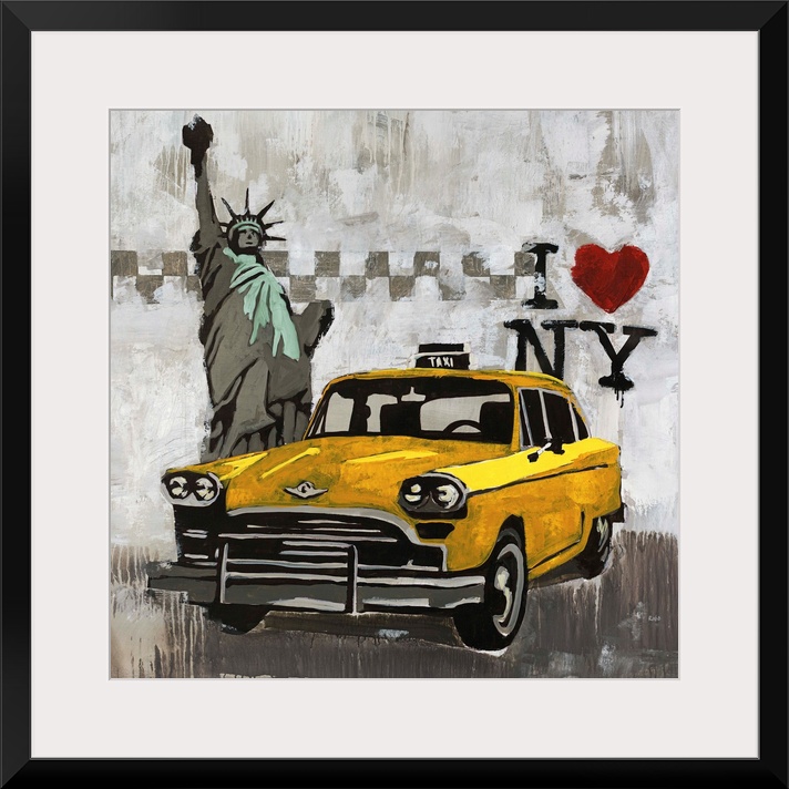 Contemporary painting of a taxi cab in front of the State of Liberty with an "I love New York" logo in the background.