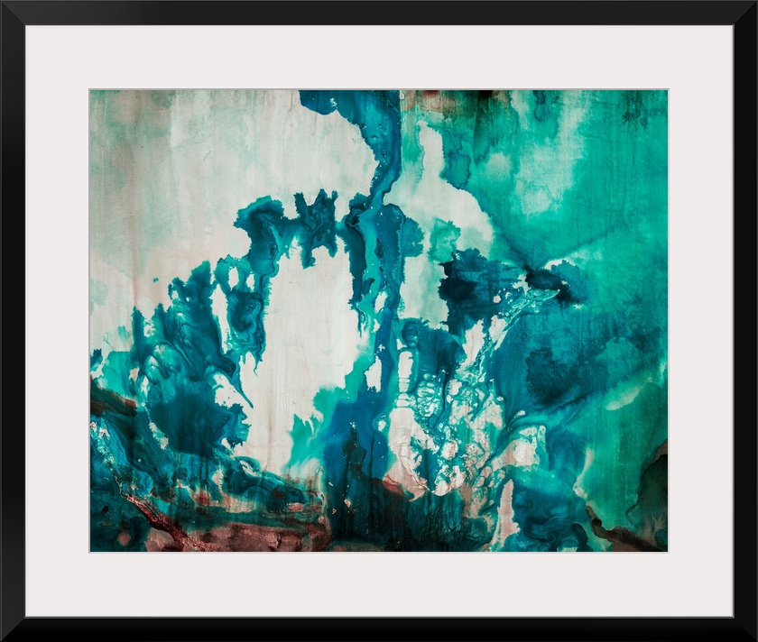 Abstract painting of bright aqua-colored shapes over a muted background.