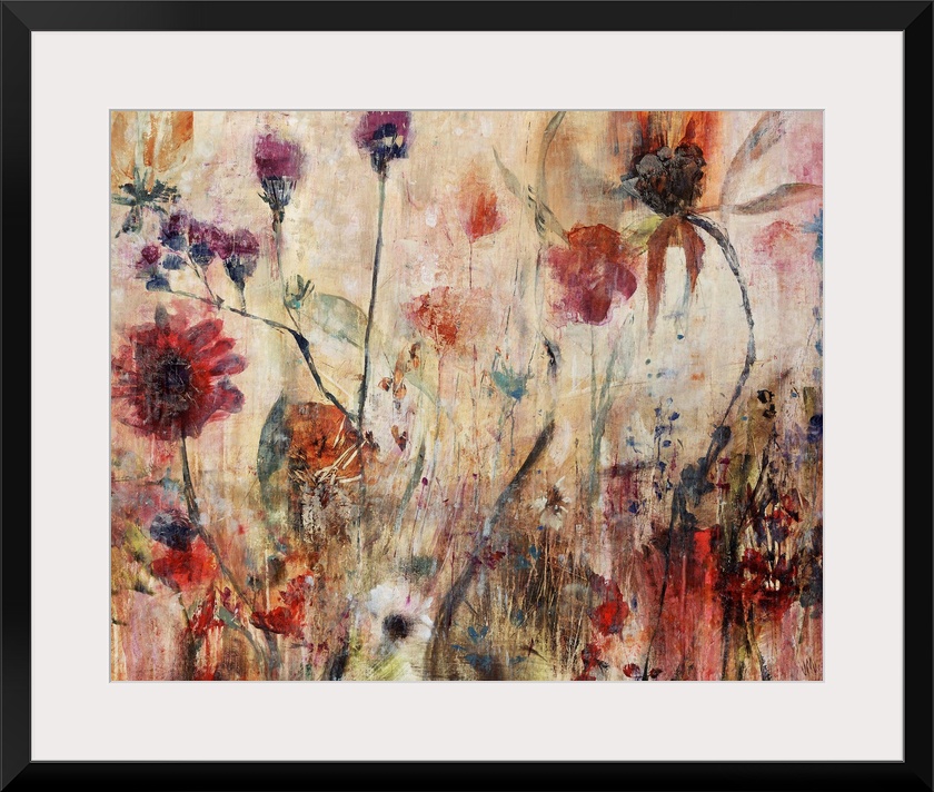 Contemporary abstract painting of wildflowers with grungy textures on canvas.