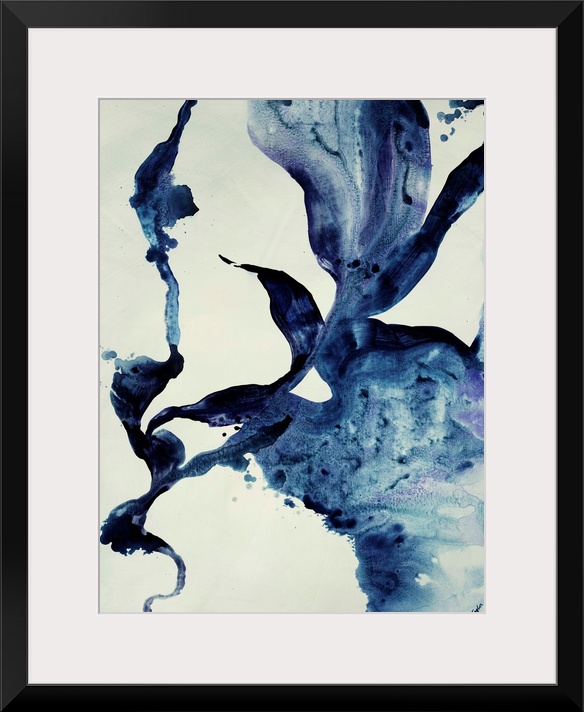 Contemporary abstract painting featuring fluid and curvaceous shapes done in varying shades of indigo blue.