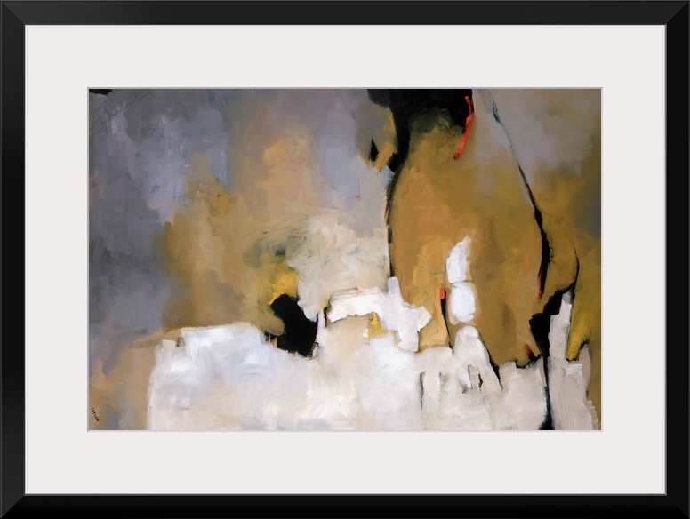This horizontal abstract painting is rendered with brush strokes implying shapes, depth, and a light source.