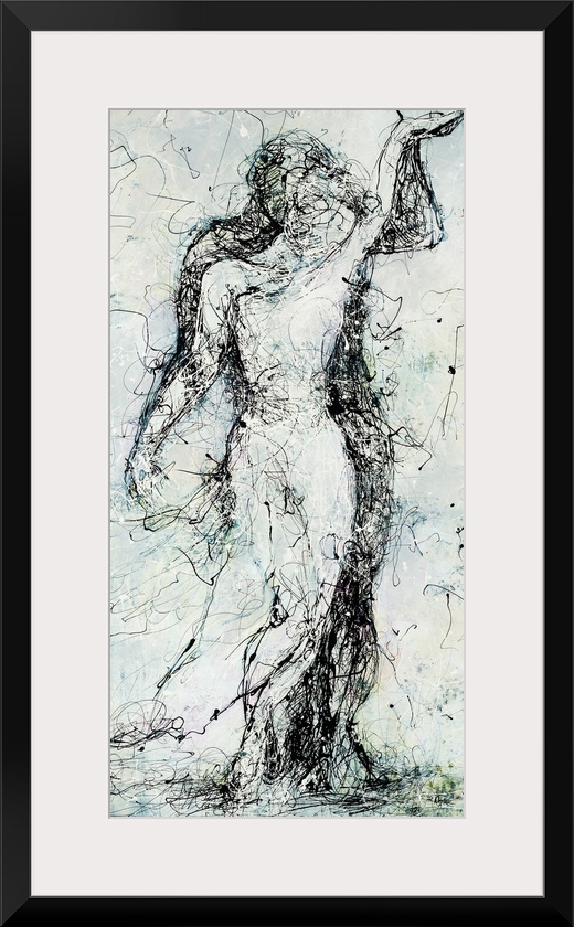 Abstract figurative painting of a couple embracing, reminiscent of two statues in front of one another.