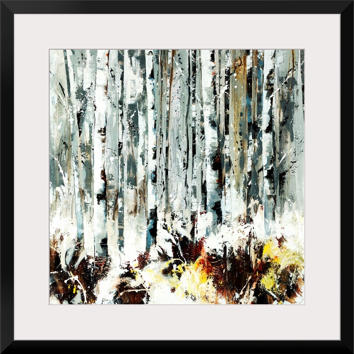 Abstracted painting of birch trees done in various shades of gray.