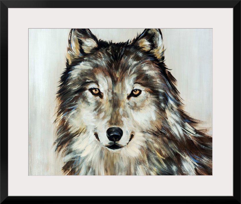 Portrait of a wolf painted in various earth tones.