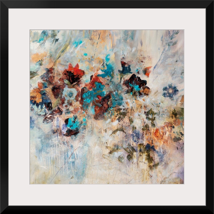 Abstract art piece of flowers pushing through the textured cream background.