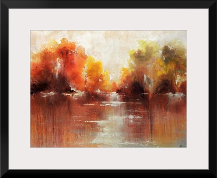 Contemporary, decorative wall art of an abstract painting that is reminiscent of autumn shrubs reflecting in the surface o...