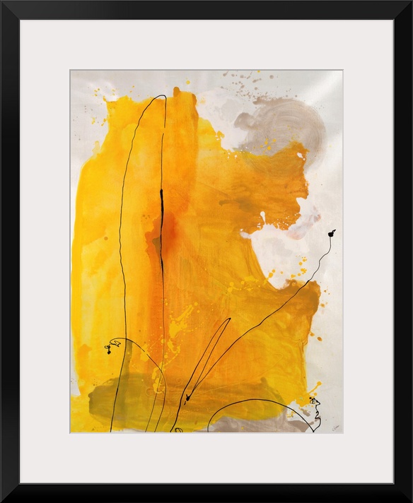 Painting of a large abstract shape in golden tones with thin, swirling lines of paint that appear to have be dripped from ...