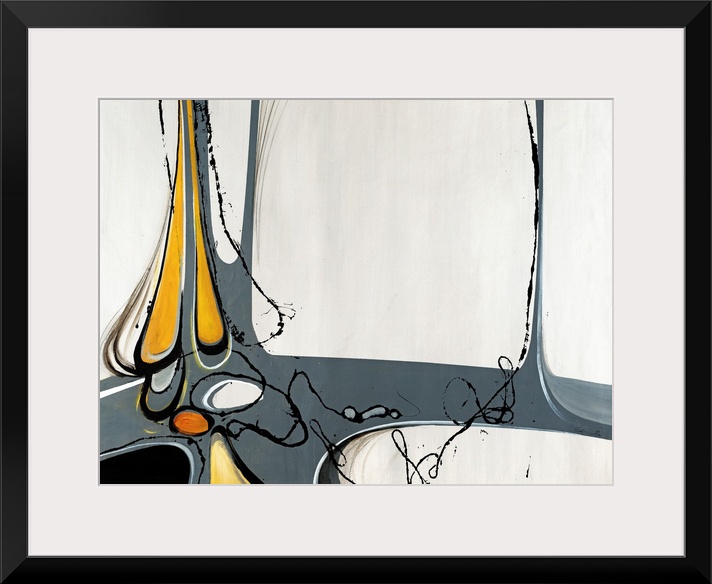 Abstract art of irregular shapes and curved lines reminiscent of mid-century modern styles.