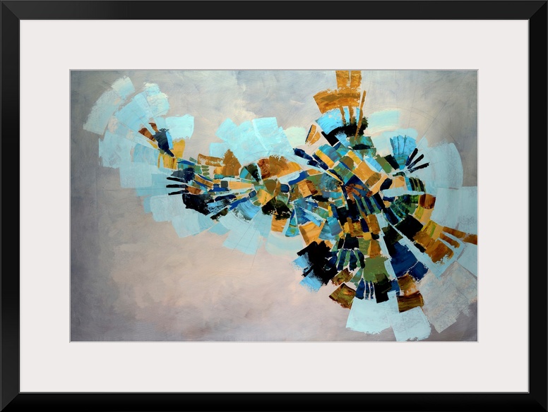 Fan like shapes radiate outward in this abstract painting on a horizontal wall hanging for the office of home.