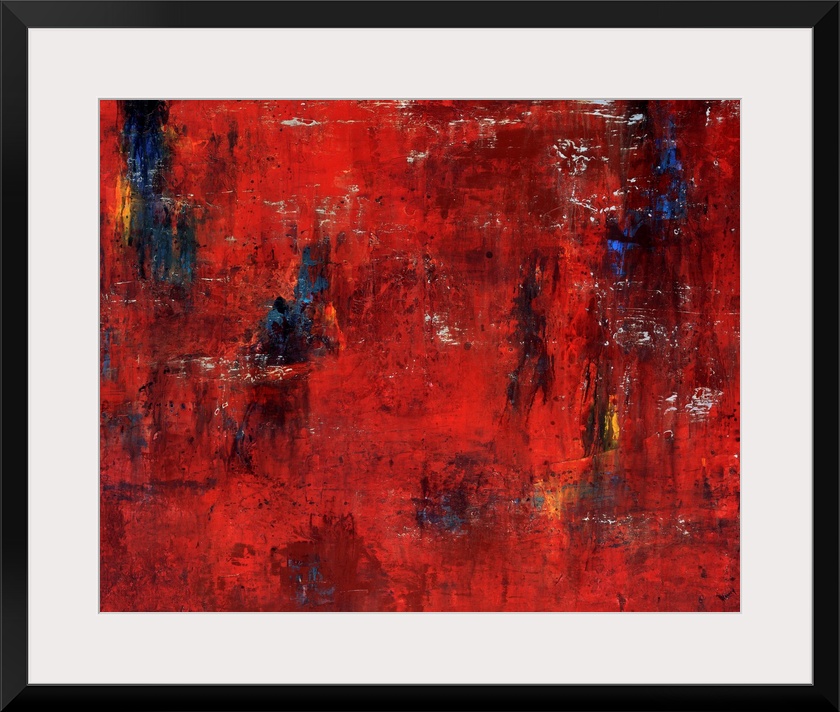 Abstract painting featuring shades of red and maroon with swipes of blue and yellow.