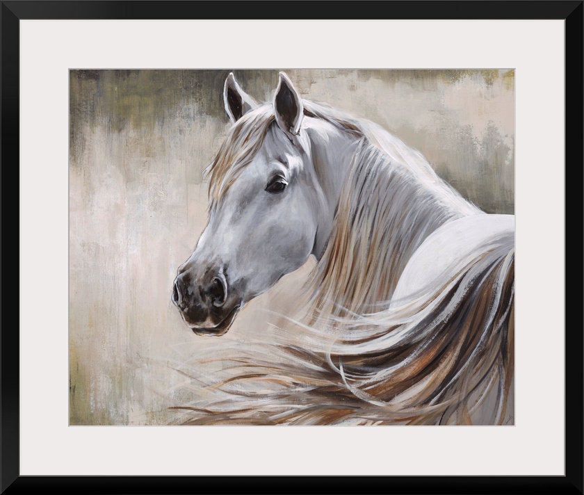 Contemporary painting of a white horse and its flowing mane in front of a neutral background.