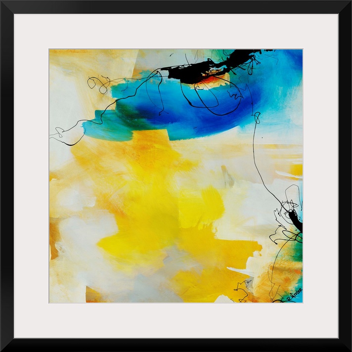 Abstract painting of fluid black lines overtop of vibrant yellow and blue brushstrokes.