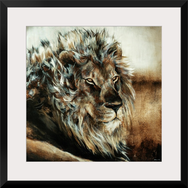 Oversized, square, fine art painting of the upper half of a male lion, using wispy brush strokes.