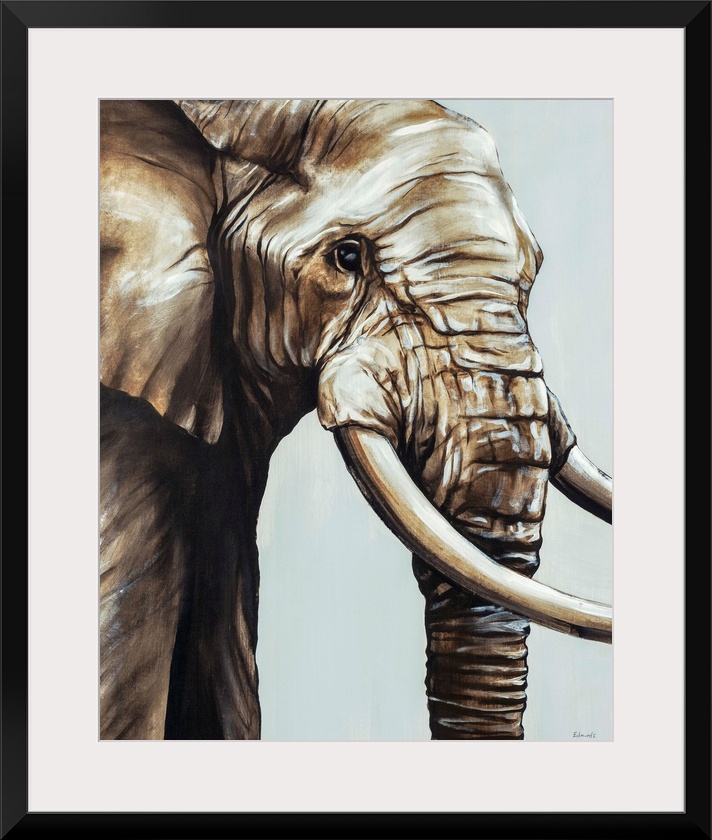 Painted brown and gray portrait of an elephant.