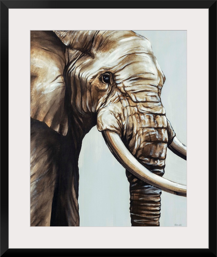 Painted brown and gray portrait of an elephant.
