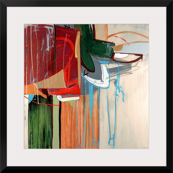 Square, large abstract art of brushed vertical lines in the background, on top in a variety of colors are various shapes a...