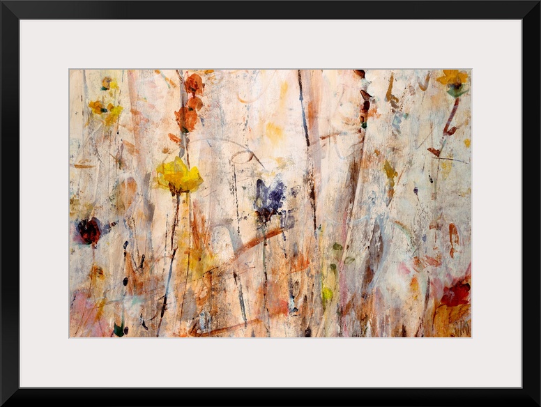 Giant abstract painting of flowers that is composed of inviting tones and lots of vertical lines.