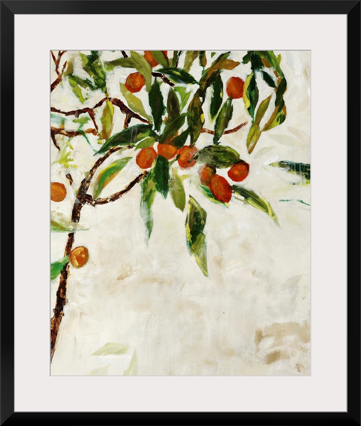 Contemporary painting of a kumquat tree over a neutral background.