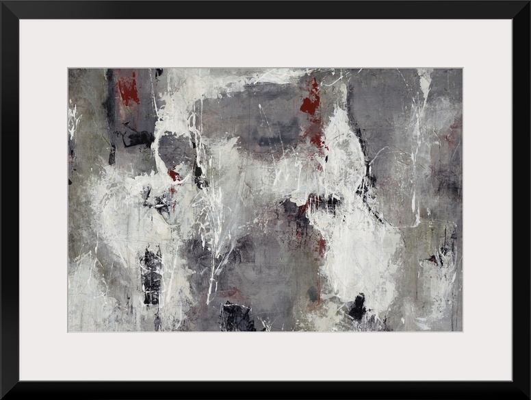 Contemporary painting done in various cool gray tones with tiny maroon accents.