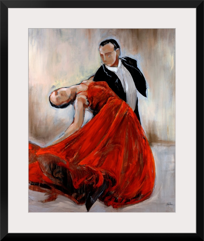 Huge contemporary art depicts a man in a tuxedo dancing with a woman in a flowing bright dress while in front of a simple ...